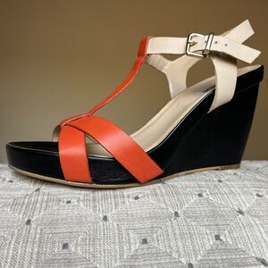 Dune London Gangster Orange Black Tan Leather Wedge Sandal Shoes EU 40 US 10